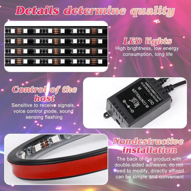 Alt view image 2 of 5 - FCPVHOY Led Interior Car Lights with Remote, Led Light RGB Rhythm Light Strip RGB Car Lights Music Rhythm car Lights (12V, 4 Lines,48 LEDs)