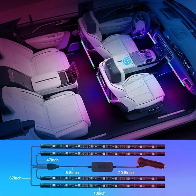 Alt view image 4 of 7 - FCPVHOY RGB LED Car Interior Light Strips with App Controls, Footwell Lighting for Car,Interior Car Lights with DIY Music Mode,72 LEDs Car Lights