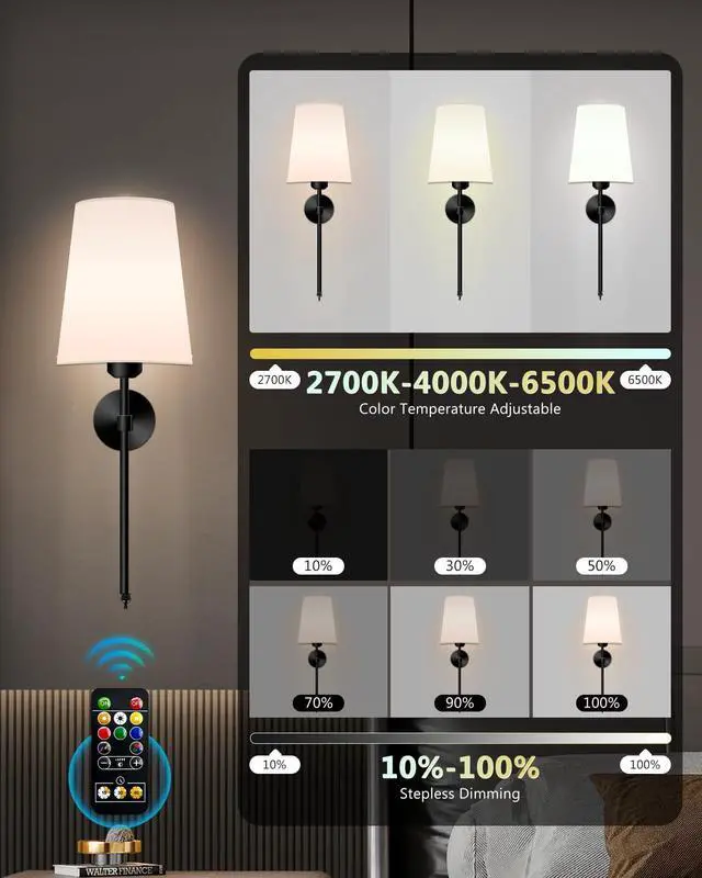 Alt view image 2 of 6 - FCPVHOY Battery Operated Wall Sconce Set of 2, Dimmable Detachable Wall Lamp with Remote, 3 Color Temperatures and RGB Wireless Rechargeable Wall Light For Bedroom and Living Room (Black)