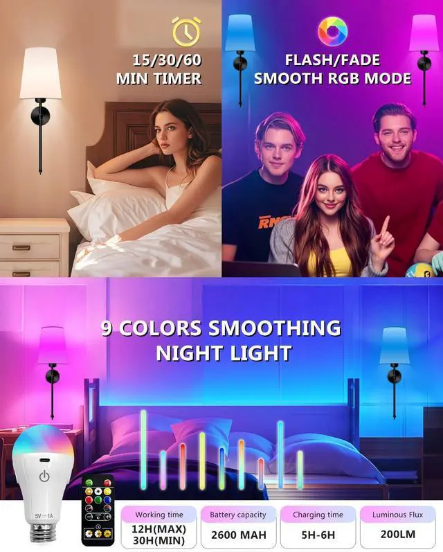Alt view image 3 of 6 - FCPVHOY Battery Operated Wall Sconce Set of 2, Dimmable Detachable Wall Lamp with Remote, 3 Color Temperatures and RGB Wireless Rechargeable Wall Light For Bedroom and Living Room (Black)