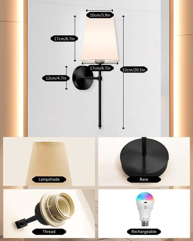 Alt view image 5 of 6 - FCPVHOY Battery Operated Wall Sconce Set of 2, Dimmable Detachable Wall Lamp with Remote, 3 Color Temperatures and RGB Wireless Rechargeable Wall Light For Bedroom and Living Room (Black)
