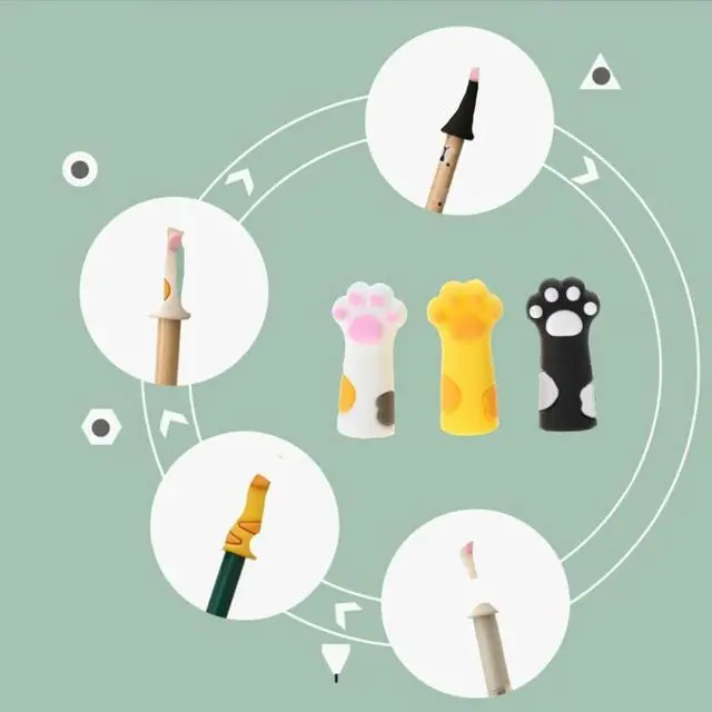 Alt view image 3 of 4 - 3Pieces Cute Cat Paw Pencil Topper Cartoon Pencil Topper Anti-Chewing Silicone Pencil Cap for Kid Student Class Reward