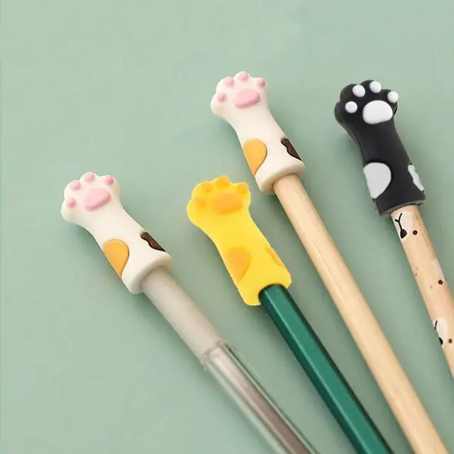 Alt view image 4 of 4 - 3Pieces Cute Cat Paw Pencil Topper Cartoon Pencil Topper Anti-Chewing Silicone Pencil Cap for Kid Student Class Reward