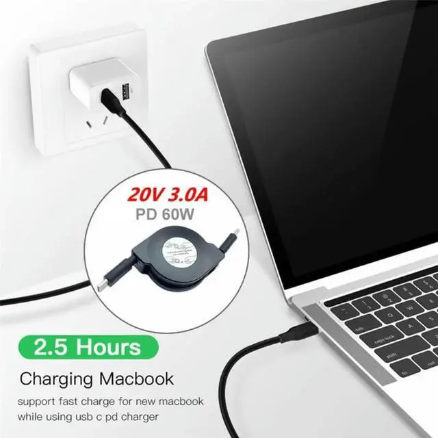 Alt view image 4 of 7 - Retractable PD 60W USB C to USB C Data Cable, Notebook Fast Charging Cord Compatible with Type C Phone Switch Tablets
