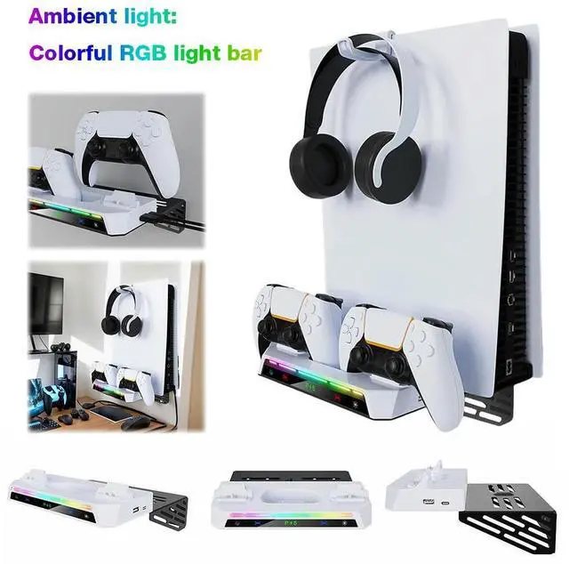 Alt view image 2 of 7 - Wall Mount Kit with Charging Station RGB Light Wall Bracket W/ Headset Holder Wall Stand for PS5 Slim/PS5 Console Disc &