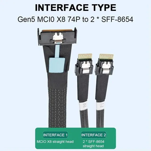 Alt view image 3 of 7 - MCIO 8i Slimline SAS To 2 Ports SFF-8654 4i Cable PCIE5.0 Server Adapter Cable Male To Male Connection Cable Server Adapter 50cm