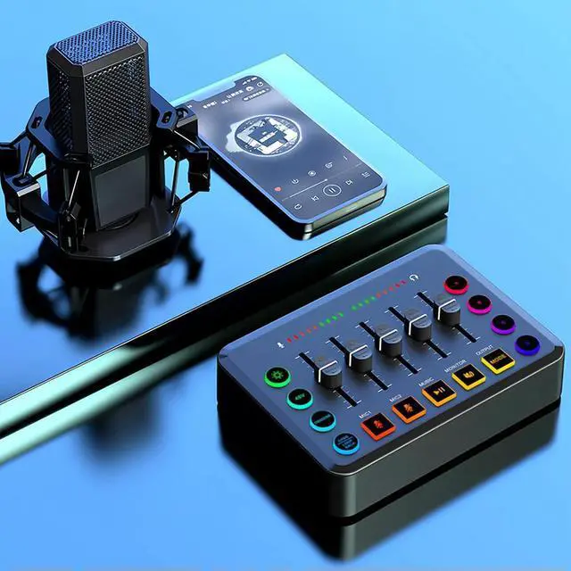 Alt view image 4 of 7 - Live Sound Card Gaming Audio Mixer with XLR Microphone Interface Streaming RGB PC Mixer Volume Fader Mute Button for Podcasting