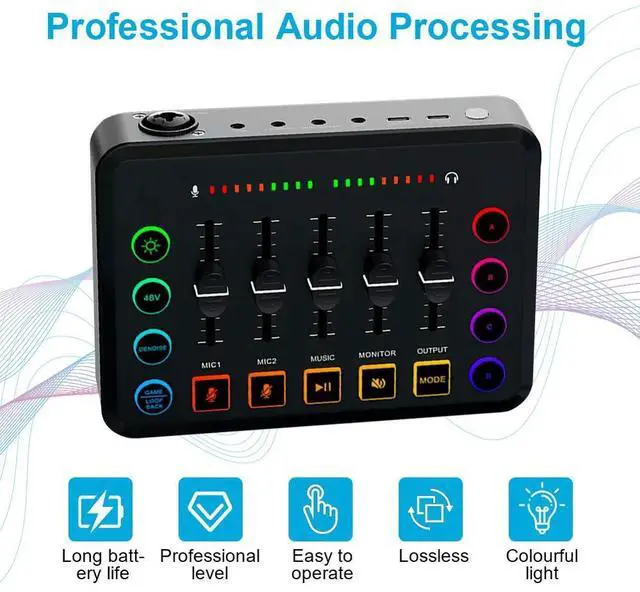 Alt view image 3 of 7 - Live Sound Card Gaming Audio Mixer with XLR Microphone Interface Streaming RGB PC Mixer Volume Fader Mute Button for Podcasting
