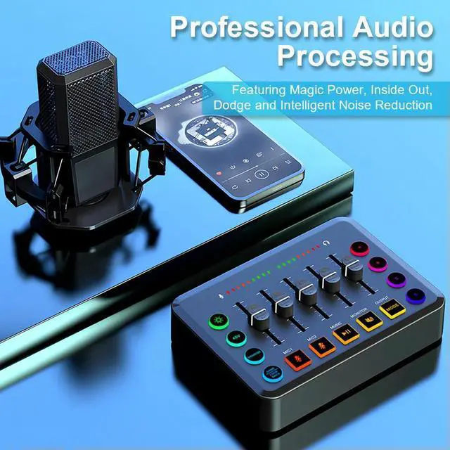 Alt view image 2 of 7 - Live Sound Card Gaming Audio Mixer with XLR Microphone Interface Streaming RGB PC Mixer Volume Fader Mute Button for Podcasting