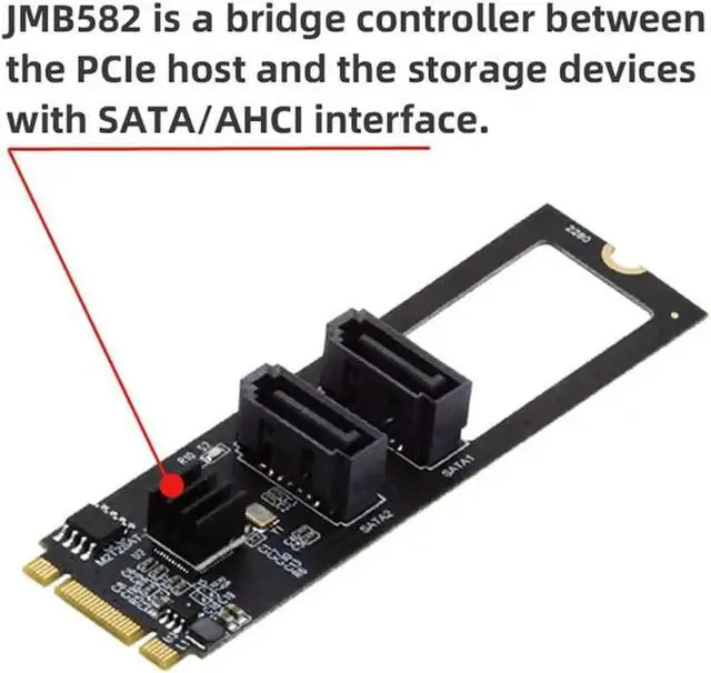 Alt view image 2 of 4 - JoniSerl Vertical JMB582 2280 NGFF Key B+M PCI Express to SATA 3.0 6Gbps Dual Ports Adapter Converter Hard Drive Extension Card