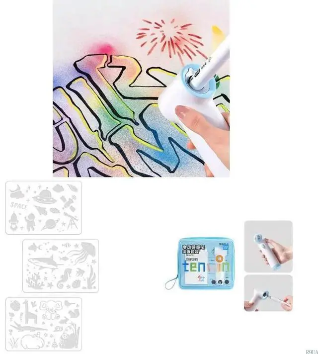 Main image of Electric Sprayer Pen Set Kid Painting Supplies Include 12 Color Markers 3 Painting Stencils for School Art Craft Project