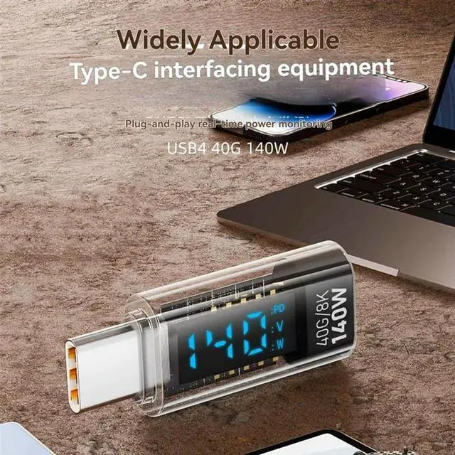 Alt view image 5 of 6 - 3X USB C Adapter LED Wattage Display 140W 40Gbps USB C Extension PD3.1 Type C Connector Type C Power Meter Tester Black