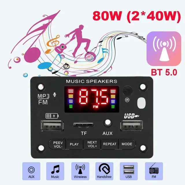 Alt view image 2 of 4 - 80W Amplifier DIY MP3 Player DC 7V-23V Bluetooth-Compatible 5.0 Car FM Radio Module Handsfree Call Charging Recording USB TF AUX