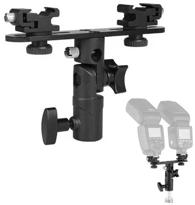 Alt view image 2 of 4 - Double Hot Shoe Flash Umbrella Holder Light Stand Speedlight Bracket Mount for Photo Video Photography DSLR Camera