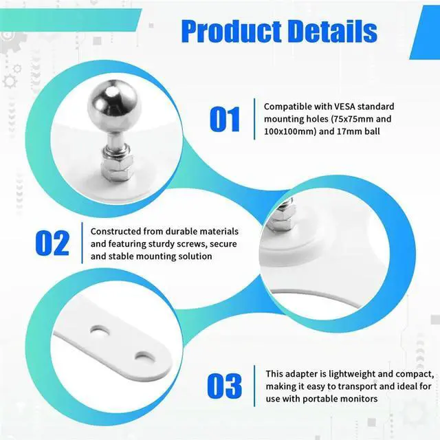 Alt view image 3 of 4 - Wall Mount Holder With VESA Mounting Bracket Plate For Portable Monitor 100X100mm 75X75mm 17Mm Ball Base Set WHITE