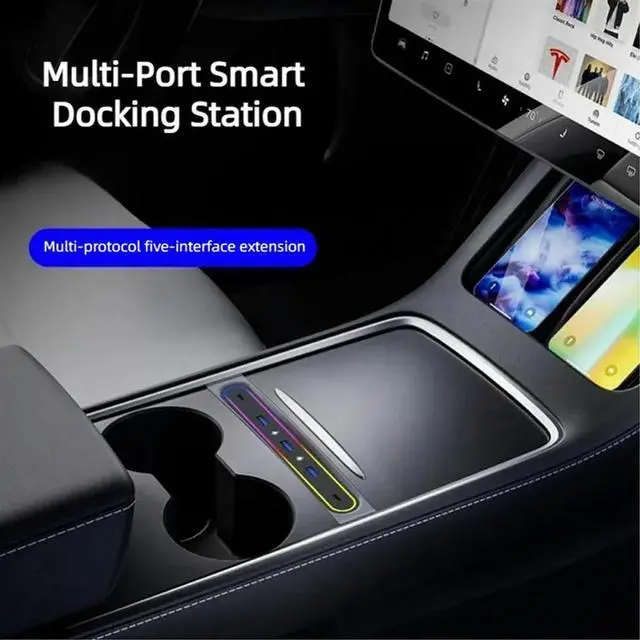 Main image of Docking Station For Tesla Model Y Accessories 2023 Model 3 5-Port 27W Fast Charger With Led Lights Shunt Hub