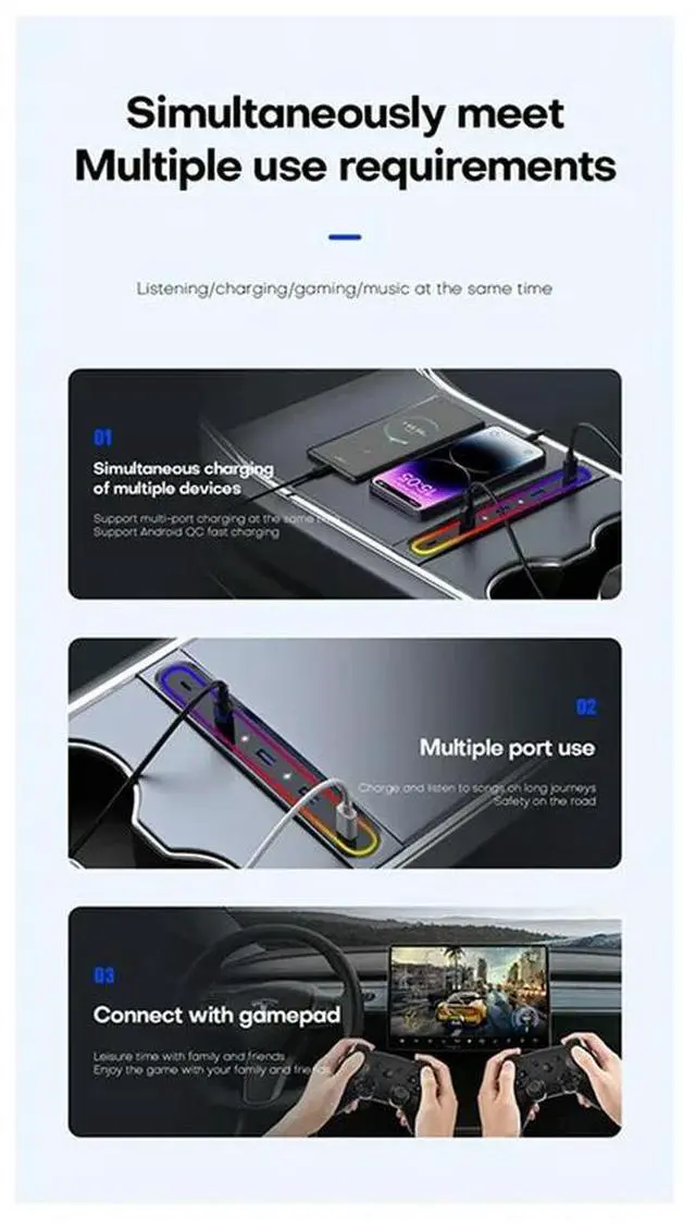 Alt view image 2 of 4 - Docking Station For Tesla Model Y Accessories 2023 Model 3 5-Port 27W Fast Charger With Led Lights Shunt Hub