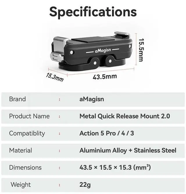 Alt view image 4 of 4 - Magnetic Quick Release Adapter Mount 2-Prong & 1/4 Thread Expansion Adapter for OSMO Action 5 Pro/4/3 Camera Accessories