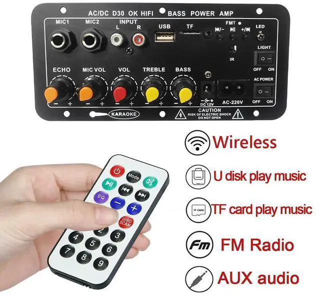 Alt view image 2 of 4 - 12V 220V Karaoke Amplifier Dual Microphone Bluetooth-Compatible Stereo Sound Amp Subwoofer Car Stereo Amplifier Board