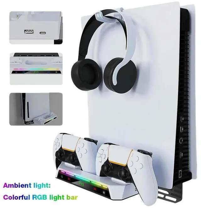 Alt view image 2 of 4 - Shelf Floating Mount with Dual Controller Charger RGB Light Wall Stand W/ Headset Holder for PS5/PS5 Slim Disc & Console