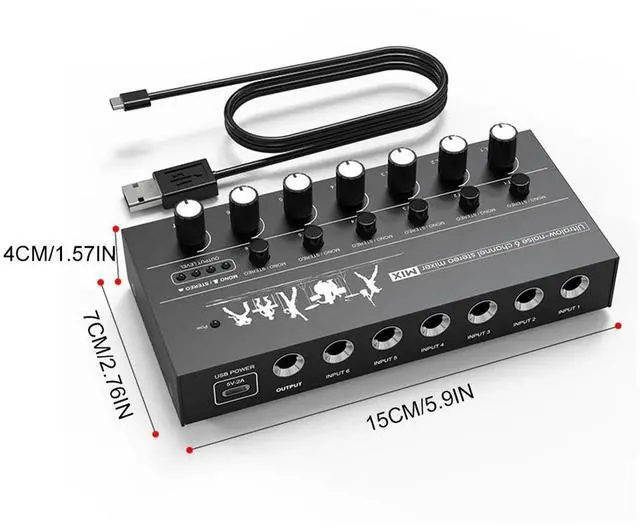 Alt view image 4 of 4 - 6-Channel Mini Audio Mixer DC 5V Line Mixer Ultra Low Noise Easy Operation for Guitars Bass Keyboards and Stage Mixing