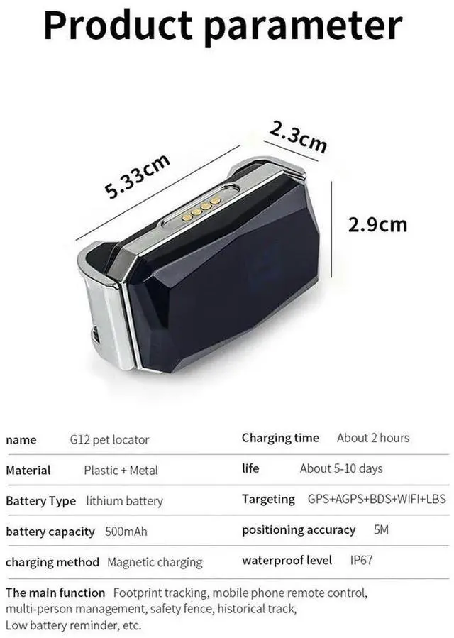 Alt view image 4 of 4 - G12 GPS Location Tracker Wearable Collar Pet Tracking Locator Waterproof IP67 Anti-lost Record Multifunctional for Cat Dog