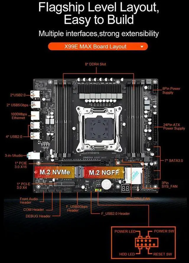 Main image of X99E MAX Computer Motherboard A2011-3 PC Mainboard Desktop Mainboard 8*DDR4 NVME/SATA M.2 USB2.0 SATA 3.0 PCIE3.0 X16/x4