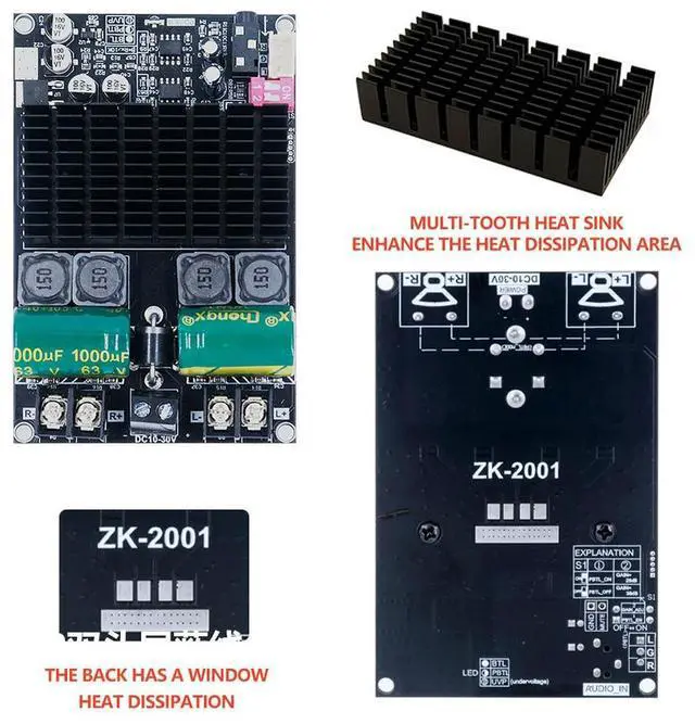Alt view image 4 of 7 - ZK-2001 TPA3221 Pure Amplifier Board 100Wx2 Dual Channel Stereo Audio Amp DC 10-30V 200W AMP Bridged Mono Subwoofer Speaker