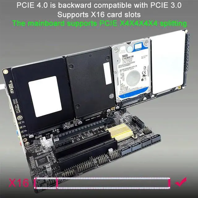 Alt view image 7 of 8 - 4-Port NVMe Interface PCIe X16 Conversion Card Motherboard Support PCIe X4x4x4x4 Bifurcation with LED Indicator for PC