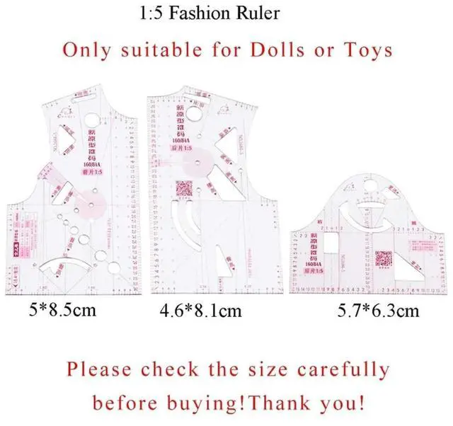 Main image of 3-Piece Set Doll Clothes Ruler Tailor Garment Cloth Sewing Tool Design Ruler French Curve Ruler Drafting Template 1:5