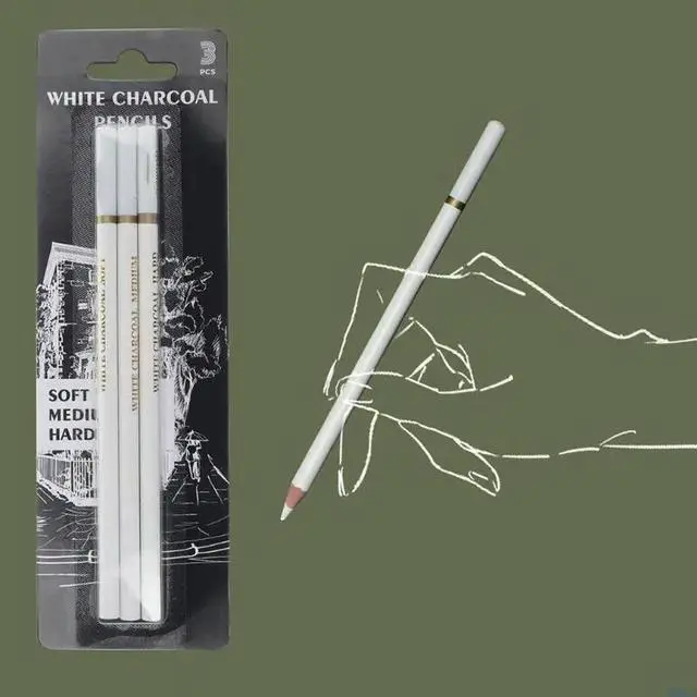 Alt view image 3 of 4 - 3 Pcs/Set White Sketching Charcoal Pencil Set for Pro Artist Beginner Sketching