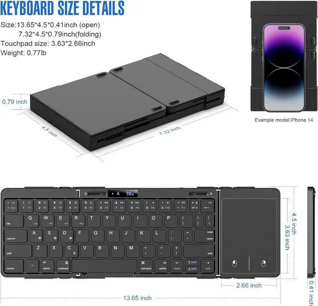 Alt view image 3 of 5 - Full-Size Folding Wireless Keyboard with Touchpad Triple-Fold, Scissor-Key Design, Bluetooth / Multi-Device (iOS / Android / Windows / Mac)