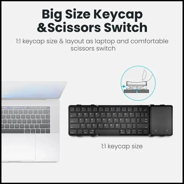 Alt view image 5 of 5 - Full-Size Folding Wireless Keyboard with Touchpad Triple-Fold, Scissor-Key Design, Bluetooth / Multi-Device (iOS / Android / Windows / Mac)