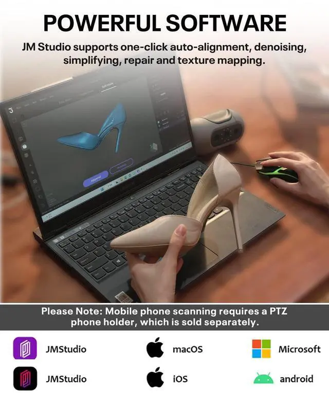 Alt view image 5 of 6 - Mole 3D Scanner,0.1MM Resolution,No Marker Scan with 0.05 MM Accuracy, Professional 3D Scanners with Multispectral Technology,Turntable Handheld Scan Mode and Black Objects Scanning