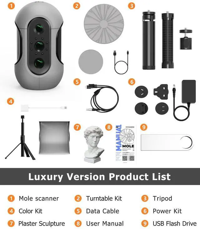 Alt view image 6 of 6 - Mole 3D Scanner,0.1MM Resolution,No Marker Scan with 0.05 MM Accuracy, Professional 3D Scanners with Multispectral Technology,Turntable Handheld Scan Mode and Black Objects Scanning Luxury