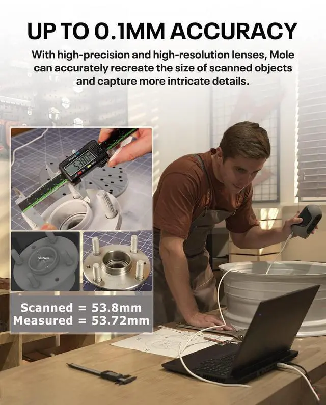 Alt view image 2 of 6 - Mole 3D Scanner,0.1MM Resolution,No Marker Scan with 0.05 MM Accuracy, Professional 3D Scanners with Multispectral Technology,Turntable Handheld Scan Mode and Black Objects Scanning Luxury