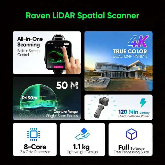 Alt view image 2 of 7 - 3DMakerpro LiDAR Spatial Scanner Raven, Handheld Personal 3D LiDAR Scanner with 12MP Camera, Up to 100m Scan Range & 4K Imaging, 150,000 points/sec