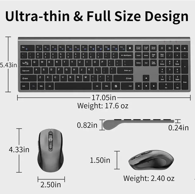 Alt view image 4 of 6 - Keyboard and Mouse Wireless, Slim Full Size Keyboard with Calculator Button, Fn Lock, Silent Computer Mouse -Gray