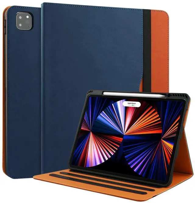 Main image of for iPad Air 5th Generation Case 2022/ 4th Generation 2020 10.9 Inch with Pencil Holder, Folio Stand Leather Cover with Multiple Angles & Auto Sleep/Wake for iPad Air 5/4 Case, NavyBlue/Brown