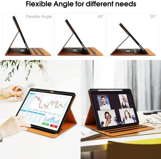 Alt view image 2 of 7 - for iPad Air 5th Generation Case 2022/ 4th Generation 2020 10.9 Inch with Pencil Holder, Folio Stand Leather Cover with Multiple Angles & Auto Sleep/Wake for iPad Air 5/4 Case, NavyBlue/Brown