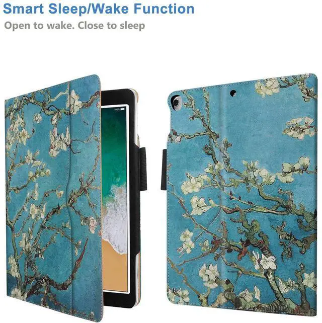 Alt view image 4 of 6 - For iPad 5th 6th Generation Case with Hand Strap and Document Pocket - for iPad 9.7 inch 2018 2017 Cover - Multi-Angle Stand, Auto Sleep Wake, Shockproof - A1822 A1823 MR7F2LL/A MR7F2LL/A(Pear Flower)