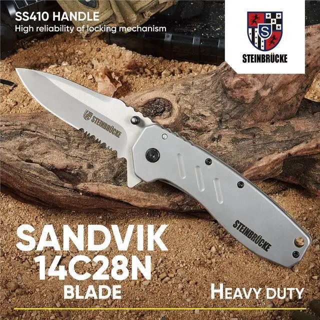 Alt view image 2 of 7 - Onyxaire Heavy Duty Camping Knives with Clip, Pocket Knife for Men, 3.4" Sandvik 14C28N Stainless Steel Blade, EDC Knife for Outdoor