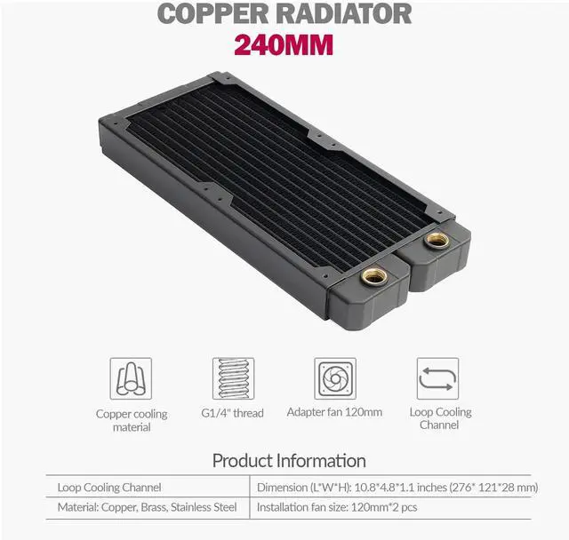Alt view image 2 of 7 - dracaena.io 240mm - 28mm/1.1 inch Thick Computer Radiator, 14 Tubes Copper Water Cooling Cooler for CPU Heat Sink - Liquid Heat Exchanger Dual G1/4 Thread,Black