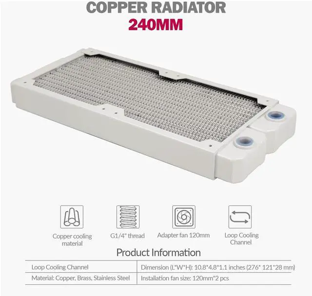 Alt view image 2 of 7 - dracaena.io 240mm - 28mm/1.1 inch Thick Computer Radiator, 14 Tubes Copper Water Cooling Cooler for CPU Heat Sink - Liquid Heat Exchanger Dual G1/4 Thread, White