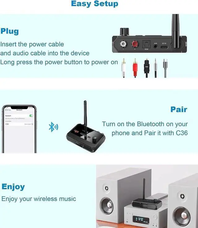 Alt view image 6 of 7 - Bluetooth 5.3 Receiver for Home Stereo, Low Latency & HD Bluetooth Music Audio Adapter for Speakers/Wired Speakers/Home Music Streaming Stereo System, Support Optical RCA AUX 3.5mm