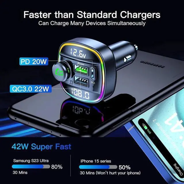 Alt view image 6 of 7 - Bluetooth 5.3 Car Adapter, Wireless Bluetooth FM Transmitter for Car, PD 20W & QC3.0 USB C Car Fast Charger Port, Radio Transmitter Bluetooth for Car, Hands Free Calling, 7 Colors Led Backlit Light