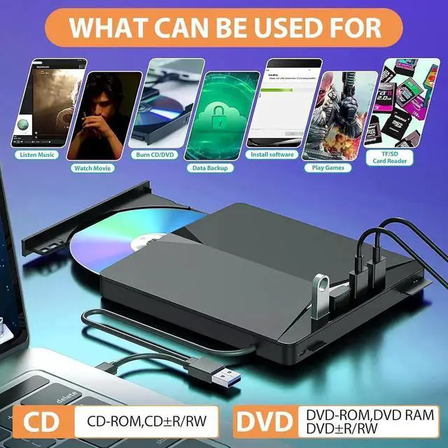 Alt view image 7 of 7 - External CD/DVD Drive for Laptop, 7-in-1 USB 3.0 DVD Player, Portable CD/DVD Burner, CD-ROM External DVD Drive with 4 Ports USB Hub, SD/TF Card Reader, Compatible with Windows 11/10/8/7, Linux, Mac OS