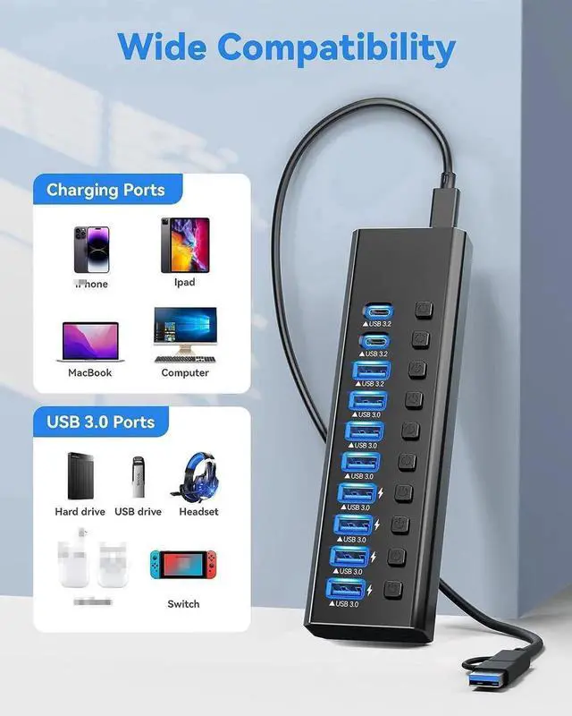 Main image of Powered USB Hub 3.2, 10-Port USB 3.2/USB C Hub (10Gbps USB-A 3.2 + 2x USB-C 3.2 + 7x USB 3.0 Ports) with Individual On/Off Switches and 12V Power Adapter, Aluminum USB Hub Powered for Laptop PC