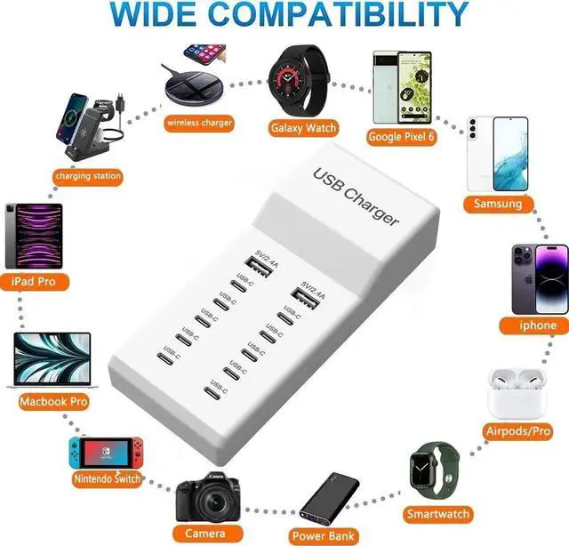 Alt view image 2 of 7 - Multiple USB C Charger, 12 Ports USB Charging Station, 60W MultiPort Charger[10 USB-C+2 USB-A], USB Wall Charger, Desktop USB Charger Compatible with iPhone/iPad//Google Pixel/Watch/Headphones