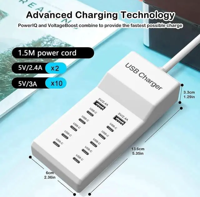 Alt view image 3 of 7 - Multiple USB C Charger, 12 Ports USB Charging Station, 60W MultiPort Charger[10 USB-C+2 USB-A], USB Wall Charger, Desktop USB Charger Compatible with iPhone/iPad//Google Pixel/Watch/Headphones